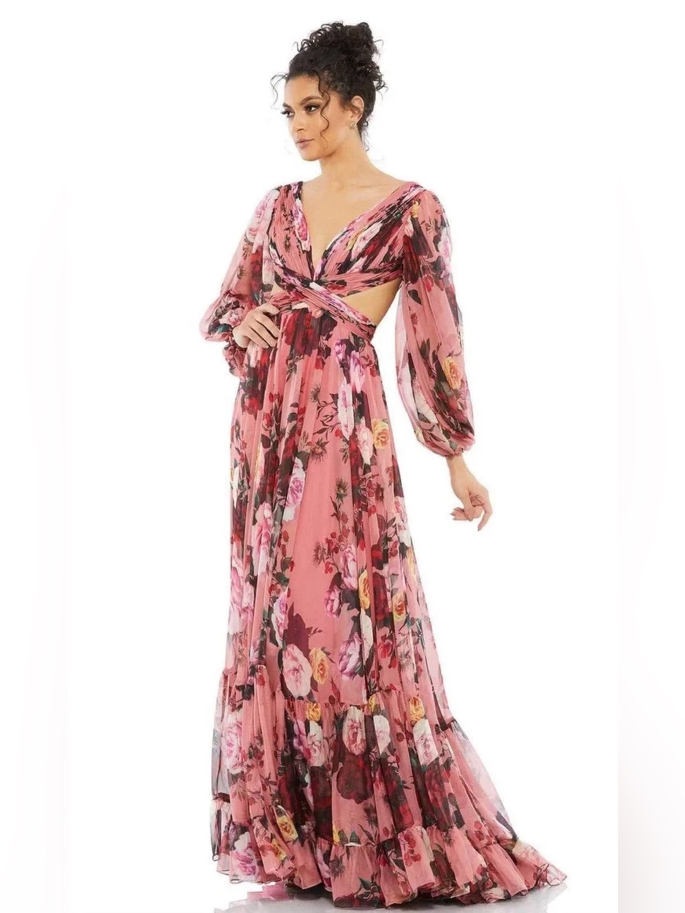 Mac Duggal Dress Rose Multi Floral Long Lace Up Chiffon Gown Sz 2 $598 67946 NWT